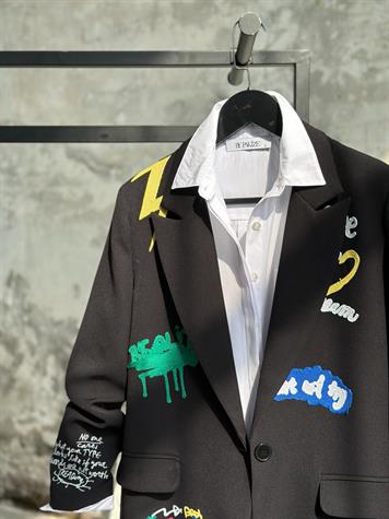 Tasarım Armalı Blazer Ceket (Siyah)