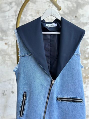 Tasarım Asimetrik Fermuar Detaylı Denim Yelek (Lacivert/Siyah)