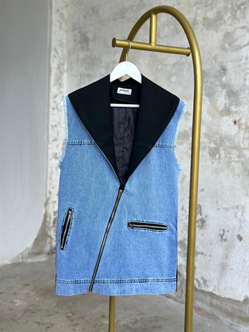 Tasarım Asimetrik Fermuar Detaylı Denim Yelek (Lacivert/Siyah)