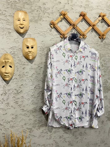 Tasarım Baskılı Dijital Modern Gömlek (Beyaz)