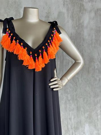 Tasarım Boncuklu Salkım Oranj Püsküllü Otantik Elbise (Siyah)