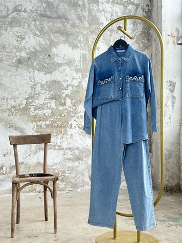 Tasarım Cebi Taş İşçilikli Denim Takım(BUZ MAVİSİ)