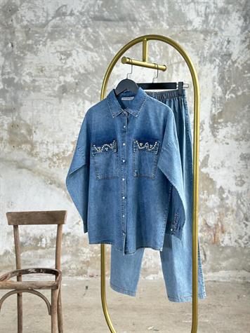 Tasarım Cebi Taş İşçilikli Denim Takım(BUZ MAVİSİ)