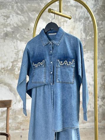 Tasarım Cebi Taş İşçilikli Denim Takım(BUZ MAVİSİ)