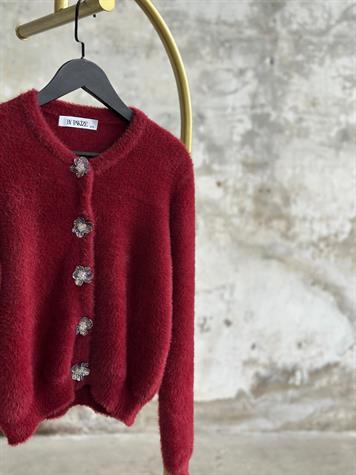 Tasarım Çiçek Düğmeli Angora Hırka (Bordo)