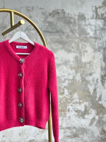 Tasarım Çiçek Düğmeli Angora Hırka (Fuşya)