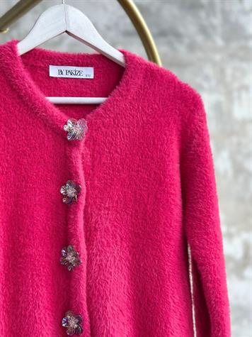 Tasarım Çiçek Düğmeli Angora Hırka (Fuşya)