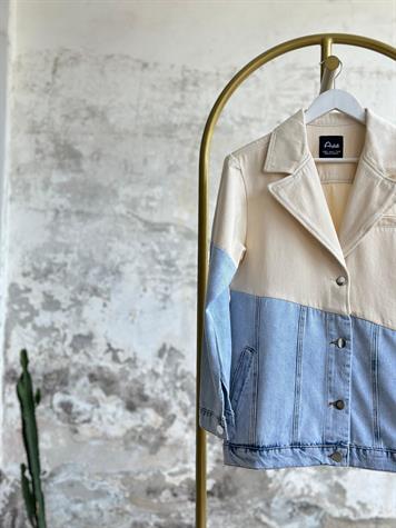 Tasarım Çift Renk Bloklu Denim Ceket (Bej)
