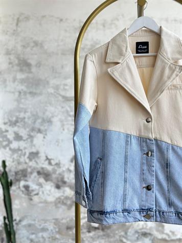 Tasarım Çift Renk Bloklu Denim Ceket (Bej)