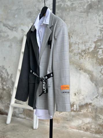 Tasarım Çift Renkli Blazer Ceket (Gri)