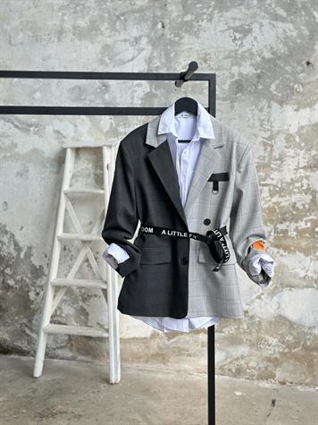Tasarım Çift Renkli Blazer Ceket (Gri)