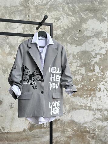 Tasarım Çizgili Kelebek Baskılı Blazer Ceket (Gri)