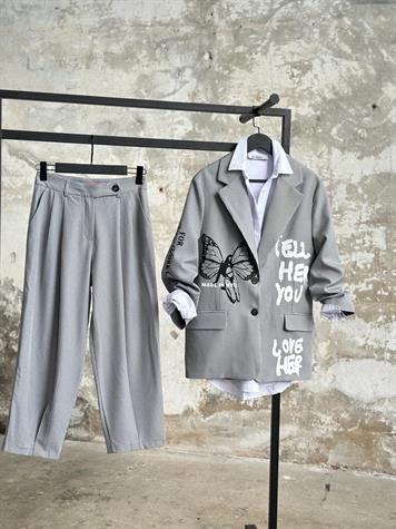 Tasarım Çizgili Kelebek Baskılı Blazer Ceket (Gri)