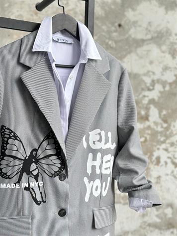 Tasarım Çizgili Kelebek Baskılı Blazer Ceket (Gri)