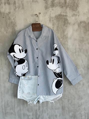 Tasarım Çizgili Mickey Mause Baskılı Boyfriend Gömlek (Antrasit)