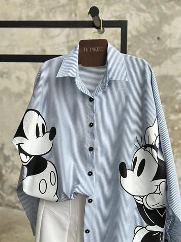 Tasarım Çizgili Mickey Mause Baskılı Boyfriend Gömlek (Bebe Mavisi)