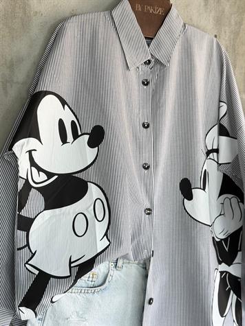 Tasarım Çizgili Mickey Mause Baskılı Boyfriend Gömlek (Siyah)