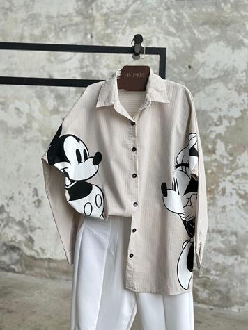 Tasarım Çizgili Mickey Mause Baskılı Boyfriend Gömlek (Bej)