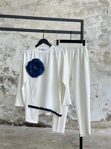 Tasarım Denim Çiçek Detaylı Takım (Beyaz)