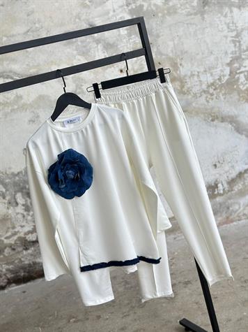 Tasarım Denim Çiçek Detaylı Takım (Beyaz)