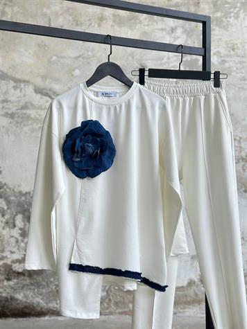 Tasarım Denim Çiçek Detaylı Takım (Beyaz)