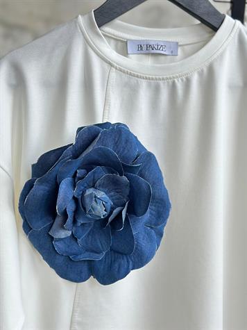 Tasarım Denim Çiçek Detaylı Takım (Beyaz)