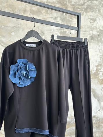 Tasarım Denim Çiçek Detaylı Takım (Siyah)