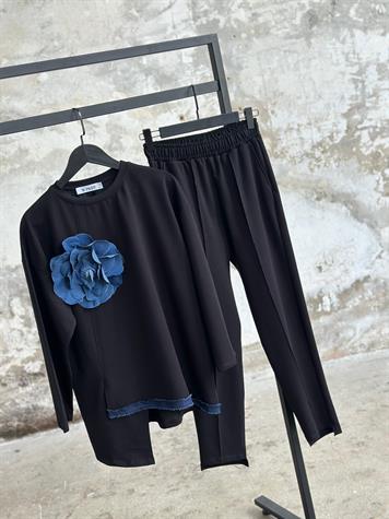 Tasarım Denim Çiçek Detaylı Takım (Siyah)