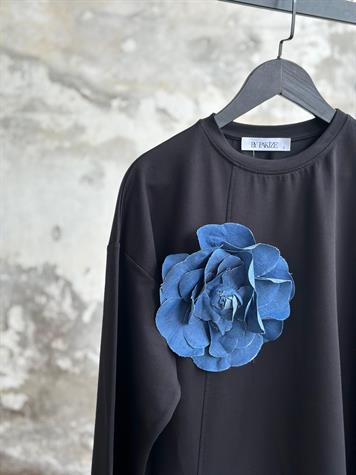 Tasarım Denim Çiçek Detaylı Takım (Siyah)