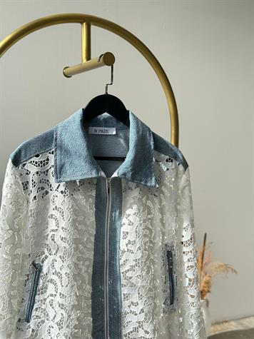 Tasarım Denim Detaylı Dantel Ceket (Beyaz)