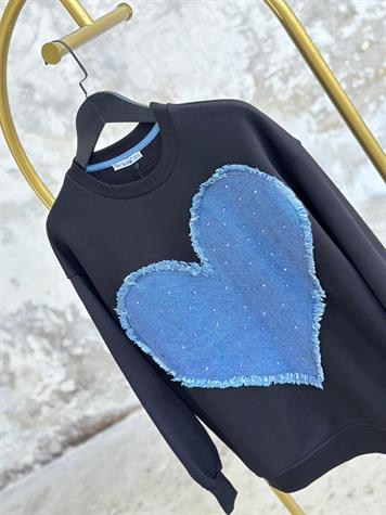 Tasarım Denim Kalp Detay Ve Taş İşçilikli Sweat (Siyah)
