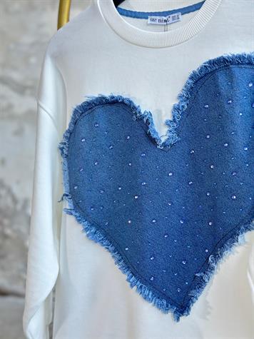Tasarım Denim Kalp Detay Ve Taş İşçilikli Sweat (Beyaz)