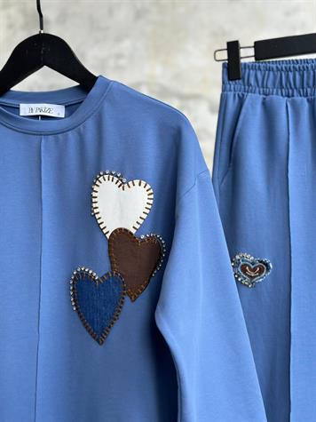 Tasarım Denim Kalp Ve Taş İşçilikli Takım (Mavi)