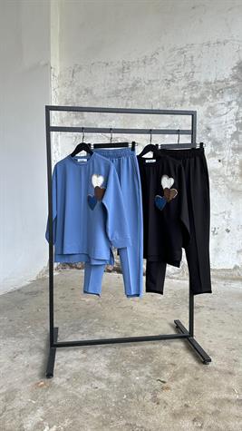 Tasarım Denim Kalp Ve Taş İşçilikli Takım (Siyah)