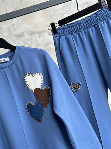Tasarım Denim Kalp Ve Taş İşçilikli Takım (Mavi)