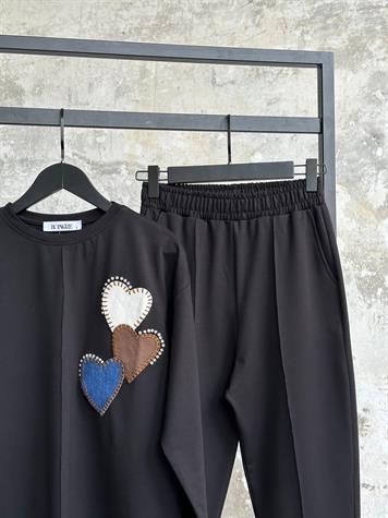 Tasarım Denim Kalp Ve Taş İşçilikli Takım (Siyah)