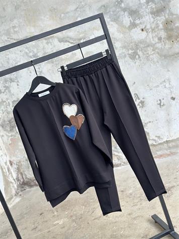 Tasarım Denim Kalp Ve Taş İşçilikli Takım (Siyah)