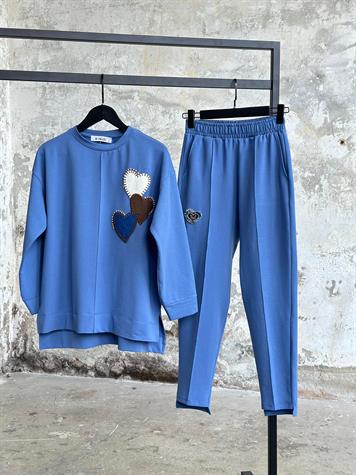 Tasarım Denim Kalp Ve Taş İşçilikli Takım (Mavi)