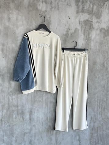 Tasarım Denim Kot Detay İnci Taş İşçilikli Takım (Beyaz) 