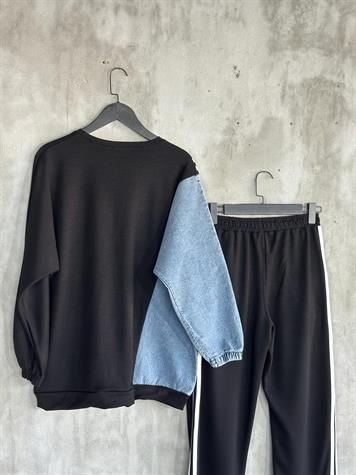 Tasarım Denim Kot Detay İnci Taş İşçilikli Takım (Siyah)
