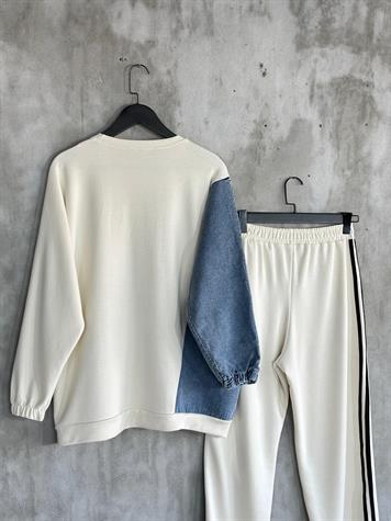 Tasarım Denim Kot Detay İnci Taş İşçilikli Takım (Beyaz) 