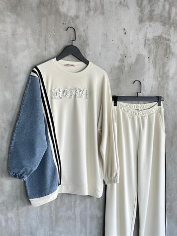 Tasarım Denim Kot Detay İnci Taş İşçilikli Takım (Beyaz) 
