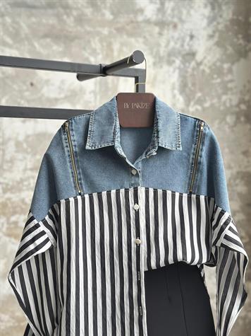 Tasarım Denim Kot Fermuar Detaylı Çizgili Gömlek (Siyah)