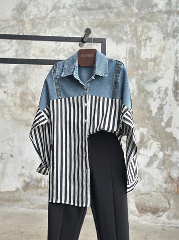 Tasarım Denim Kot Fermuar Detaylı Çizgili Gömlek (Siyah)