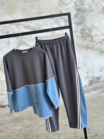 Tasarım Denim Kot Şerit Detaylı Takım (Antrasit)