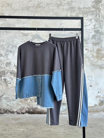 Tasarım Denim Kot Şerit Detaylı Takım (Antrasit)