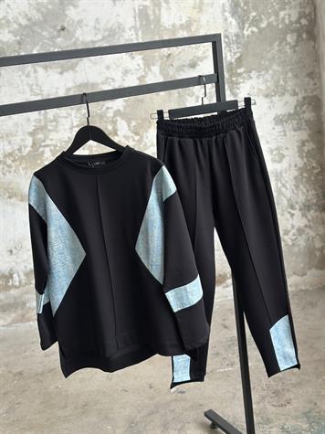 Tasarım Denim Kot Üzeri Varak Yazı Baskılı Takım (Siyah)