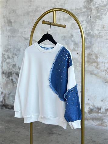 Tasarım Denim Kot Üzerine Kristal Taş İşçilikli Sweat (Beyaz)