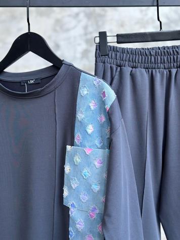 Tasarım Denim Kot Üzerine Renk Geçiş Detaylı Takım (Antrasit)