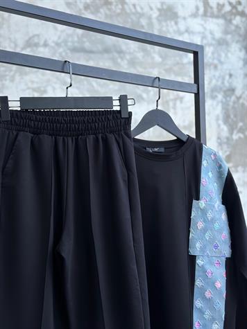 Tasarım Denim Kot Üzerine Renk Geçiş Detaylı Takım (Siyah)